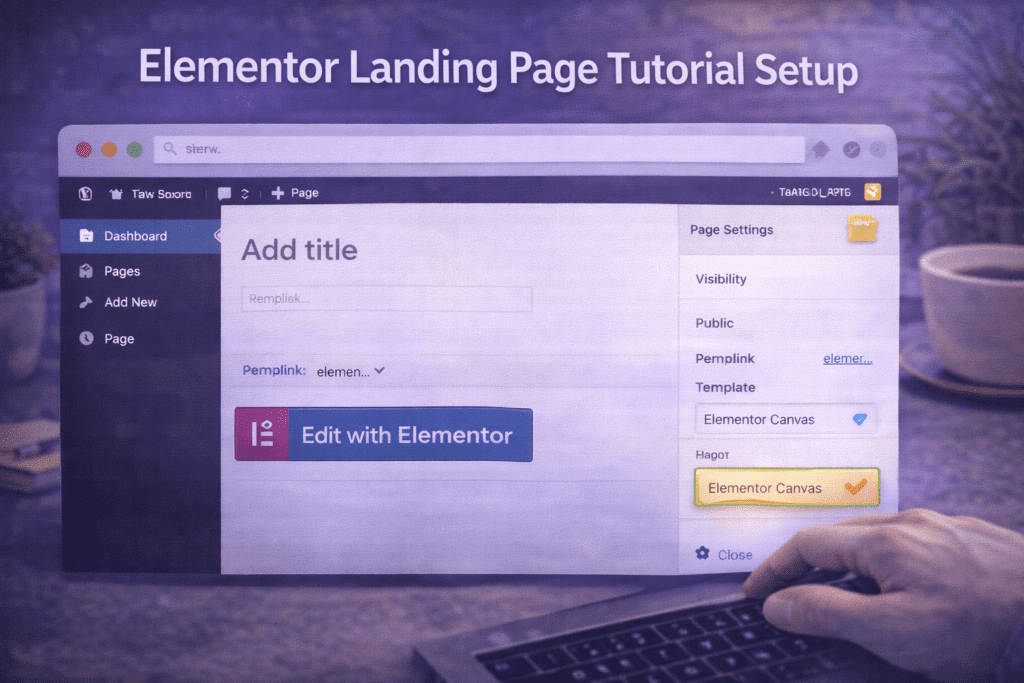 Elementor landing page tutorial setup showing WordPress new page with Elementor Canvas template selected and Edit with Elementor button