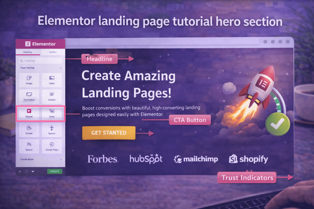 Elementor landing page tutorial hero section showing headline, subheadline, CTA button and trust indicator built in Elementor editor