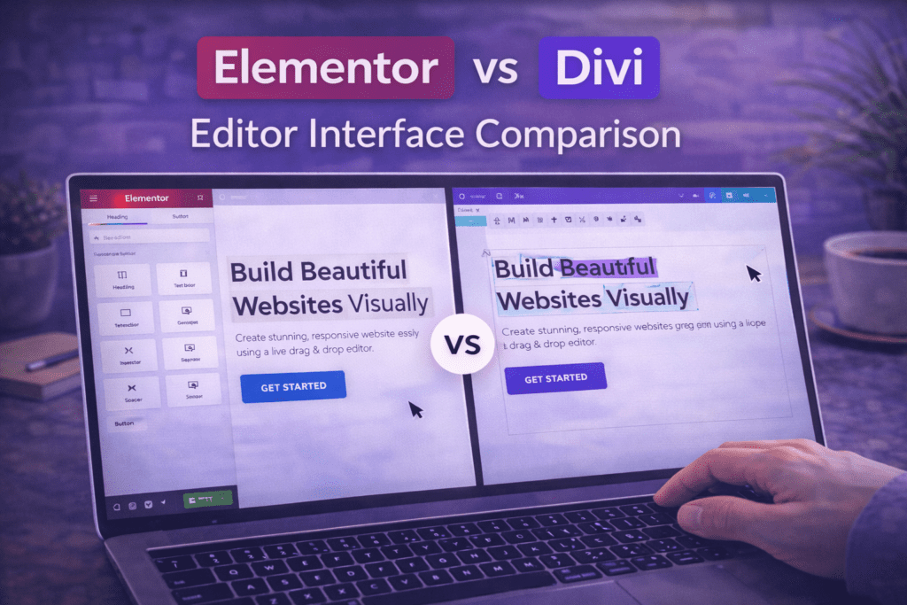 Elementor vs Divi editor interface comparison showing Elementor sidebar panel editor alongside Divi inline editor on the same page
