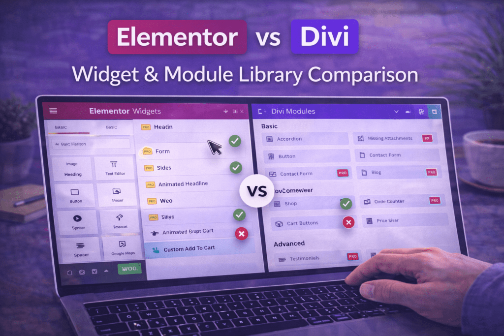 Elementor vs Divi widget and module library comparison showing feature set differences between both WordPress page builders