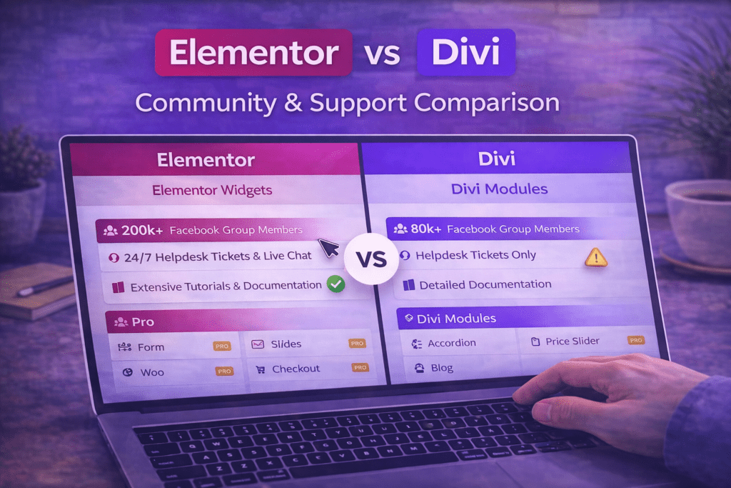 Elementor vs Divi community and support comparison showing relative community sizes, support channels, and documentation resources for both builders