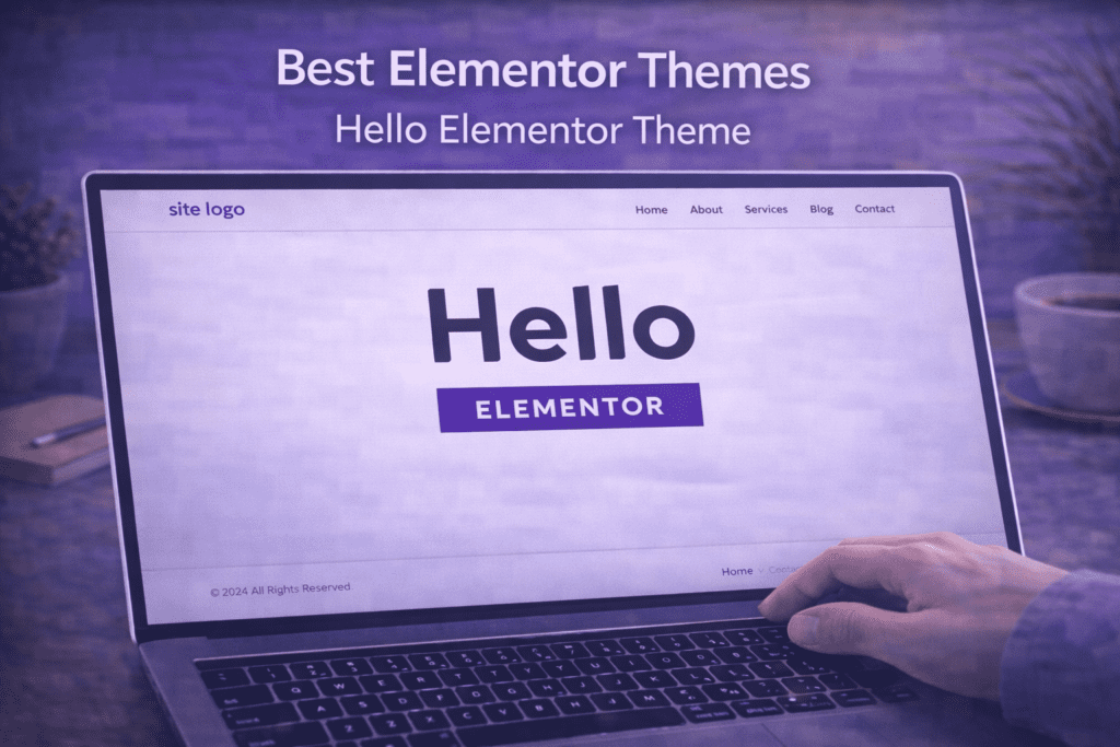 Best Elementor themes — Hello Elementor theme homepage showing minimal blank canvas design with Elementor Pro Theme Builder header and footer