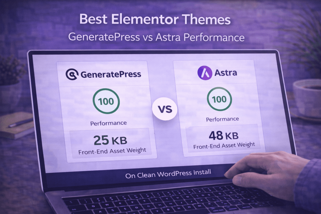 Best Elementor themes comparison showing GeneratePress and Astra theme performance scores and front-end asset weight on a clean WordPress install