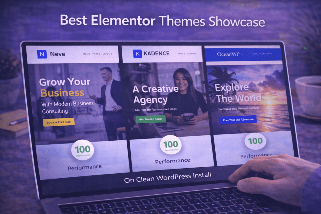 Best Elementor themes showcase showing Neve, Kadence, and OceanWP theme demos with Elementor-built page layouts and performance scores