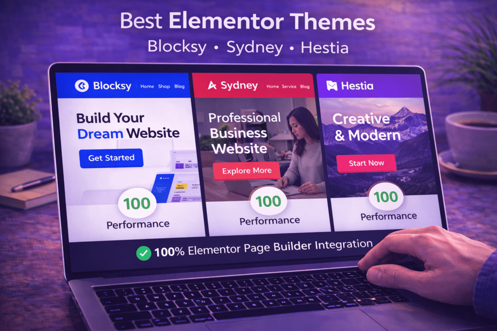 Best Elementor themes showcase showing Blocksy, Sydney, and Hestia theme demos with Elementor page builder integration and design previews