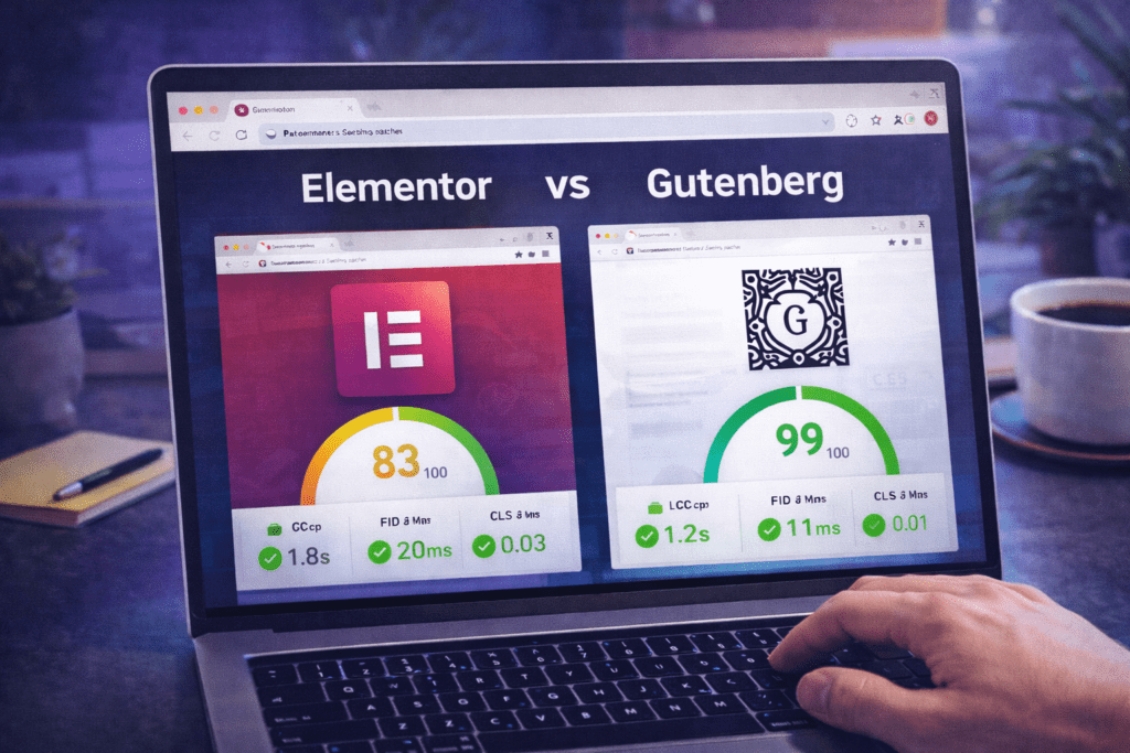 Elementor vs Gutenberg performance comparison showing page speed scores and Core Web Vitals metrics for both builders in 2026