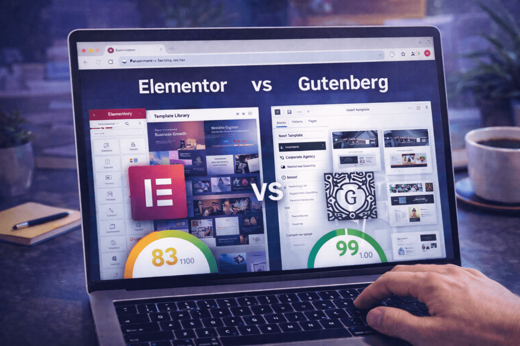 Elementor vs Gutenberg template library comparison showing the design resources available in each builder for WordPress websites
