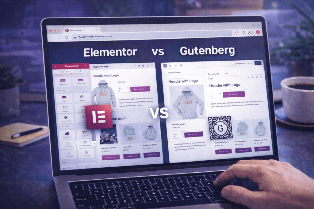 Elementor vs Gutenberg WooCommerce comparison showing how each builder handles eCommerce product pages and shop customization