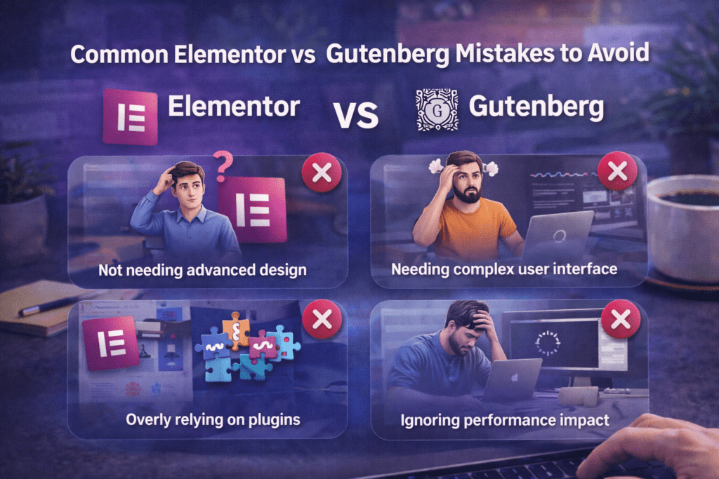 Common Elementor vs Gutenberg mistakes to avoid showing wrong decisions WordPress users make when choosing between page builders