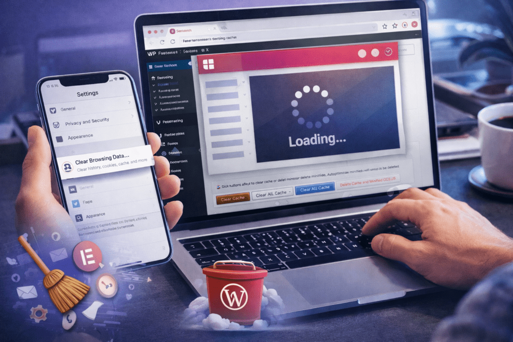 Elementor not loading fix showing how to clear browser cache and WordPress plugin cache to resolve editor loading issues