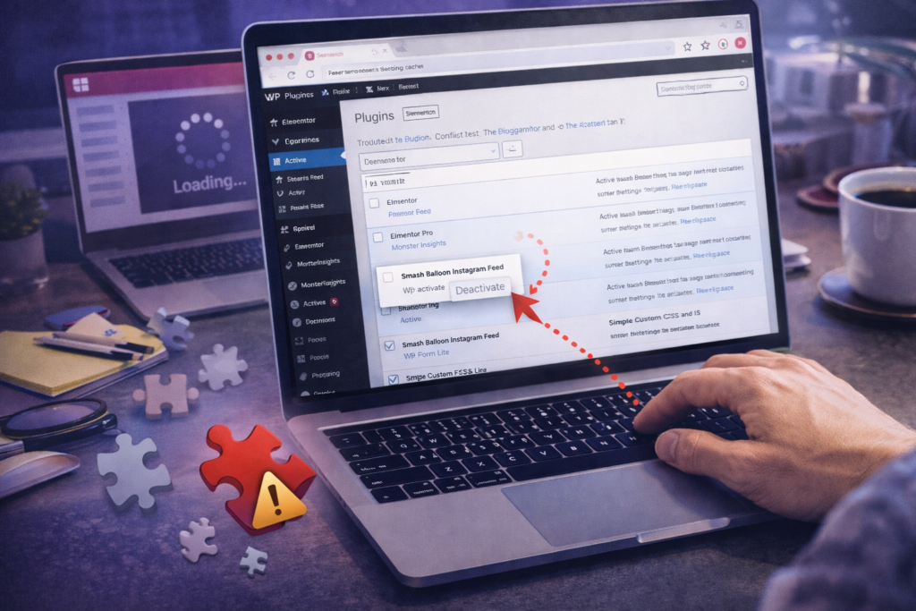 Elementor not loading fix plugin conflict test showing how to deactivate plugins in WordPress to find the conflicting plugin