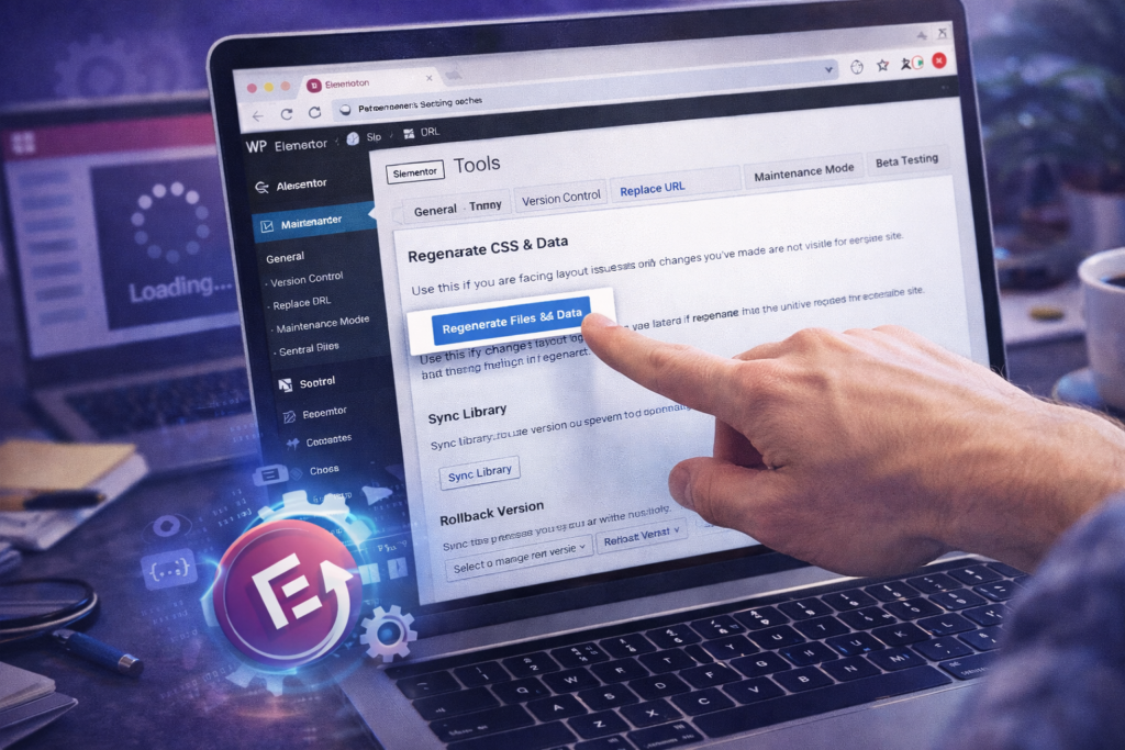 Elementor not loading fix showing Elementor Tools panel with Regenerate CSS and Data button for resolving front-end styling issues