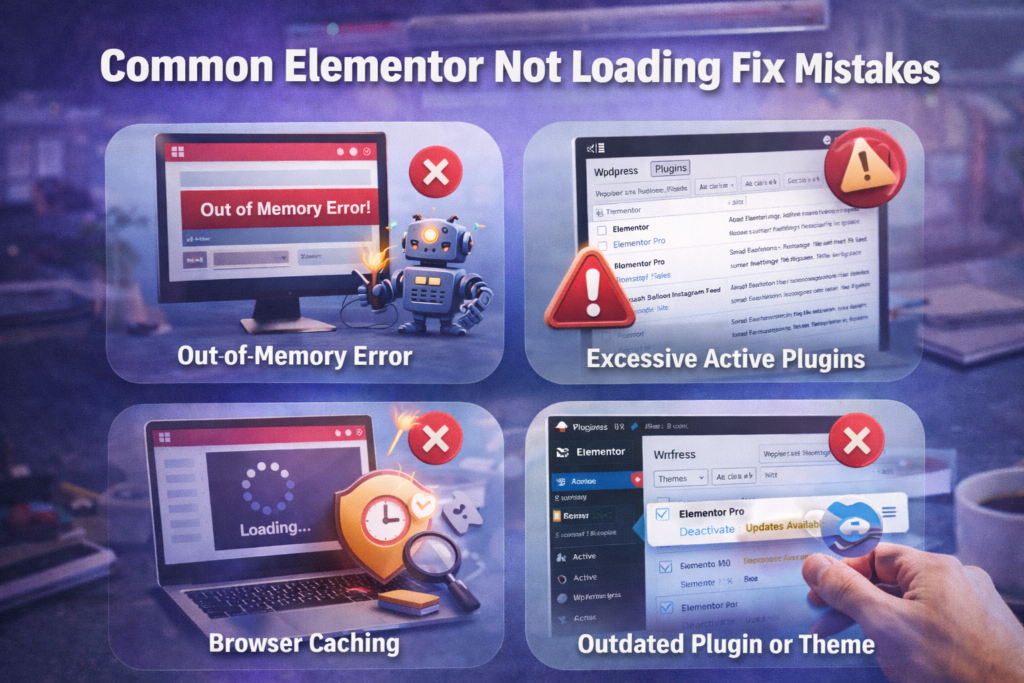 Common Elementor not loading fix mistakes showing errors WordPress users make when troubleshooting Elementor editor issues