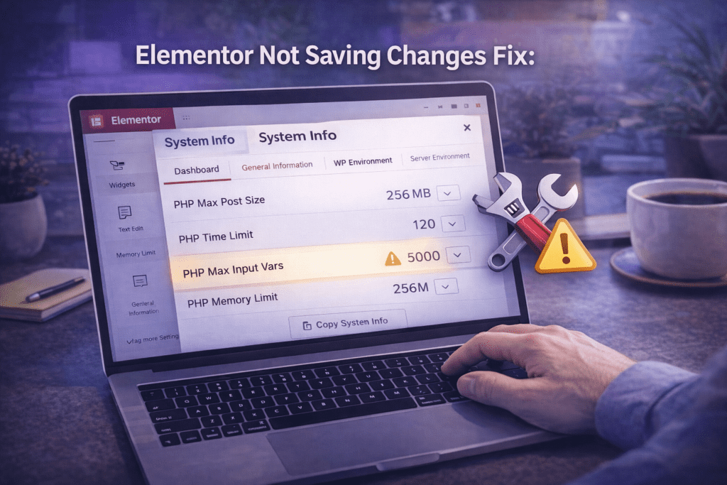 Elementor not saving changes fix showing PHP configuration settings in Elementor System Info including max input vars and memory limit