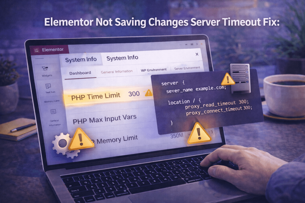 Elementor not saving changes server timeout fix showing PHP execution time settings and Nginx configuration for WordPress hosting