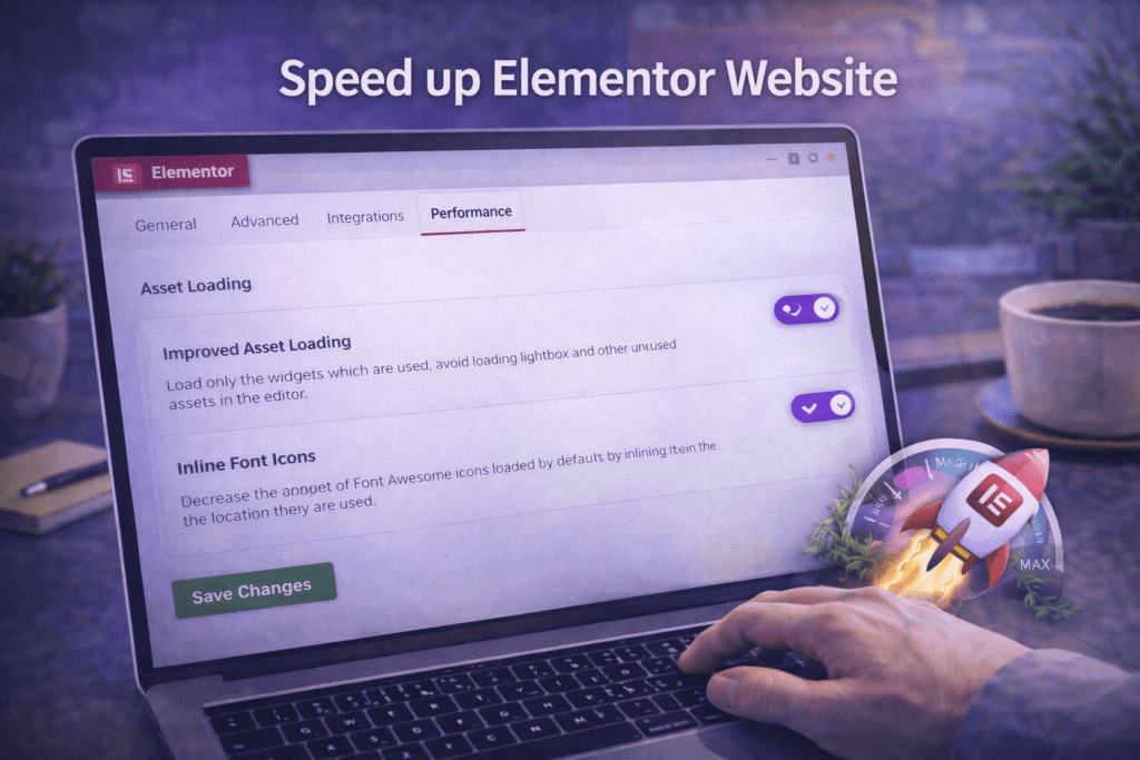 Speed up Elementor website showing Elementor performance settings panel with Improved Asset Loading and Inline Font Icons options enabled