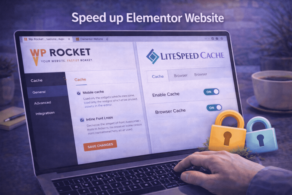 Speed up Elementor website caching setup showing WP Rocket and LiteSpeed Cache configuration for WordPress page caching and browser caching