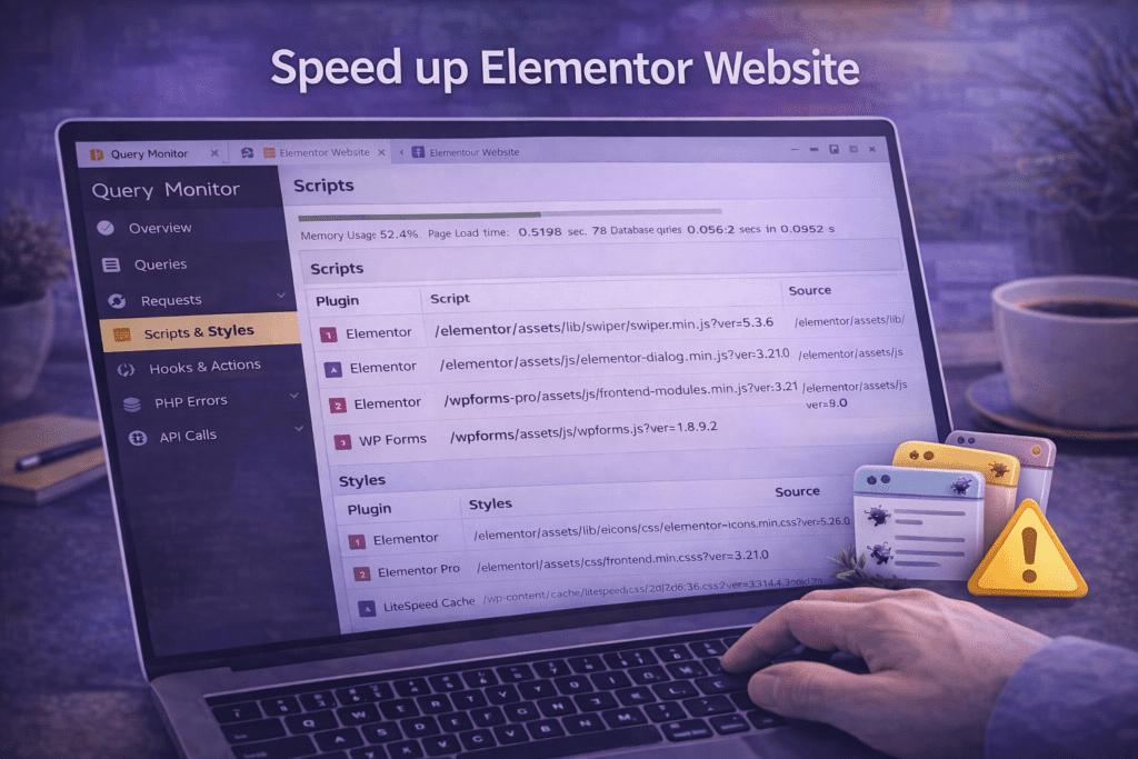 Speed up Elementor website plugin audit using Query Monitor showing scripts and stylesheets loaded by WordPress plugins on front-end pages