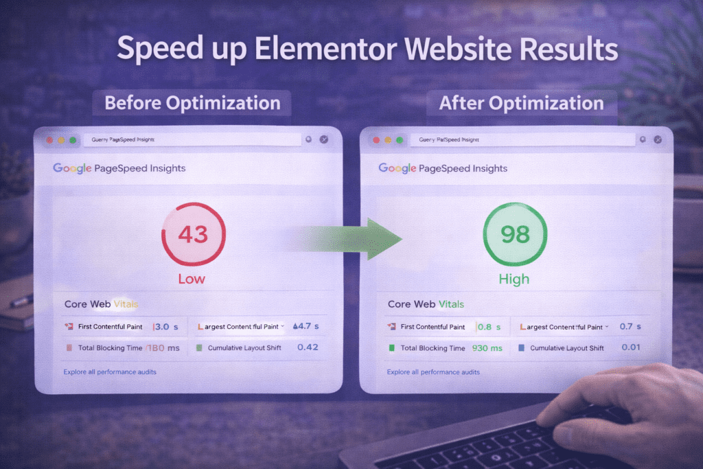Speed up Elementor website results showing Google PageSpeed Insights Core Web Vitals scores before and after Elementor performance optimization